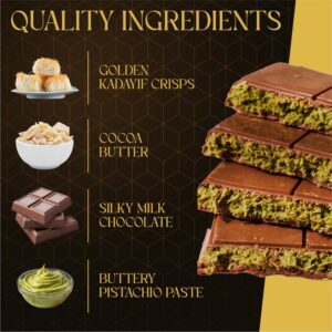 【last 1 ours】dubai style mini chocolate bar (3 oz) – premium milk chocolate with golden kadayif crisps & hand harvested pistachios | imported from turkey, ships with ice pack