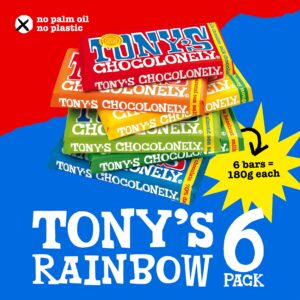 [limit quanlity]tony's chocolonely rainbow classic pack 6 x 180g chocolate bars, selection pack gift box, 6 flavours, vegetarian belgian fairtrade chocolate